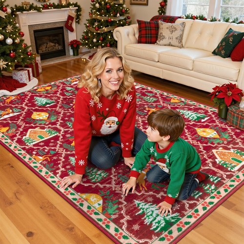 HEBE Christmas Area Rug 5'x7', Non Slip Farmhouse Red Rugs for Living Room, W... - Picture 2 of 8