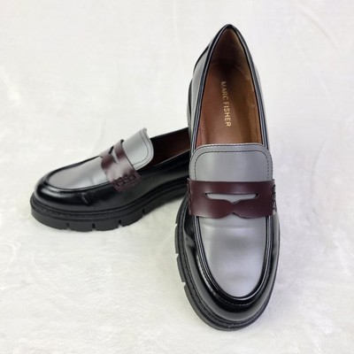 Marc Fisher Cube Lug Sole Penny Loafers Womens 8M Gray Black Maroon