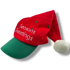 Seasons Greetings Santa Hat Baseball Cap Red Green Pom One Size Adult Christmas