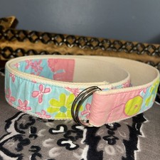 Lilly Pulitzer Belt Pink and Green Floral Fabric, Silver D Buckle, Size S