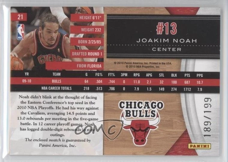 2010-11 Panini Limited Materials /199 Joakim Noah #21 - Image 2 of 2
