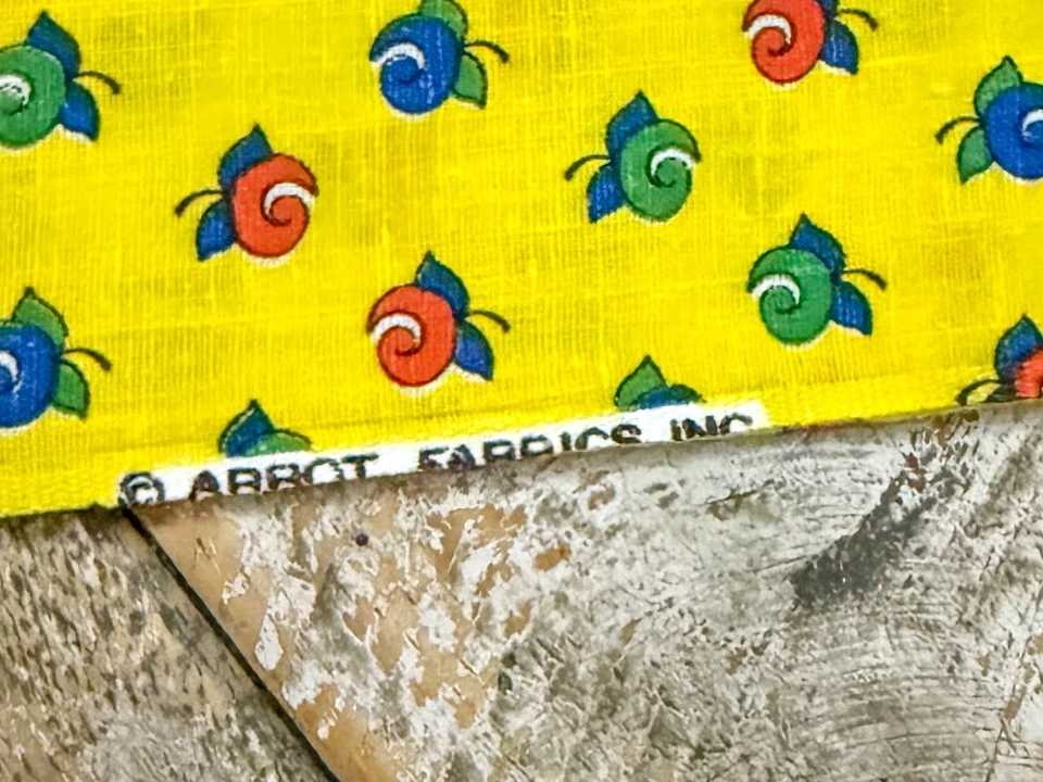 Yellow MOD Floral Feedsack Fabric Vintage Swirl Flowers Abbot Fabrics 22x44” - Image 3 of 4
