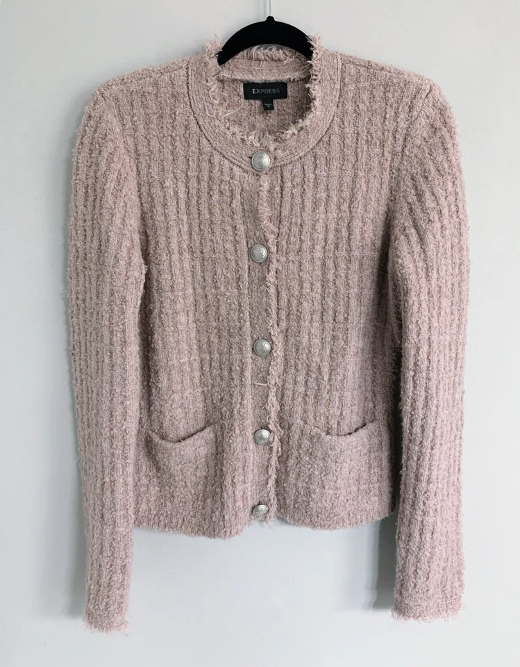 CHAQUETA DE TWEED EXPRESS ROSA CENIZA PÁLIDA COOL MALVA BOUCLE TALLA PEQUEÑA BLAZER Foto 2 de 4