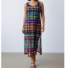 Rouge Collection 1X Mesh Knit Tank Dress Midi Sheer Artsy Colorful Striped Boho