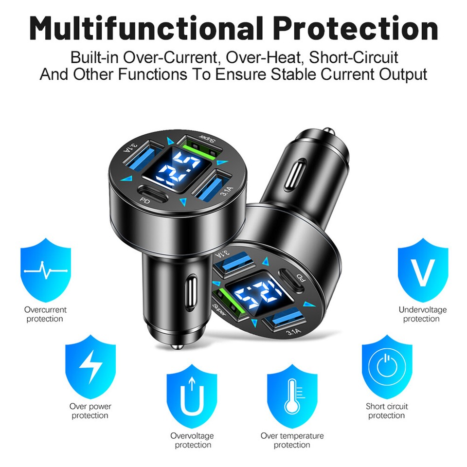 Blue Light Quick Charge Adapter QC 3.0 66W Car Charger USB PD for