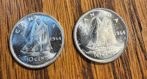 Lot of 2 1964 Canada 10 Cent Uncirculated .800 Silver BU Coin Elizabeth II 10c