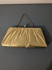 Vintage Gold Metallic Purse Short Gold Chain Gold Ball Clasp Blk Satin Lining