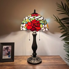 Tiffany Style Table Lamp Stained Glass Rose Flowers LED Bulbs 22"H 12"W 12"D