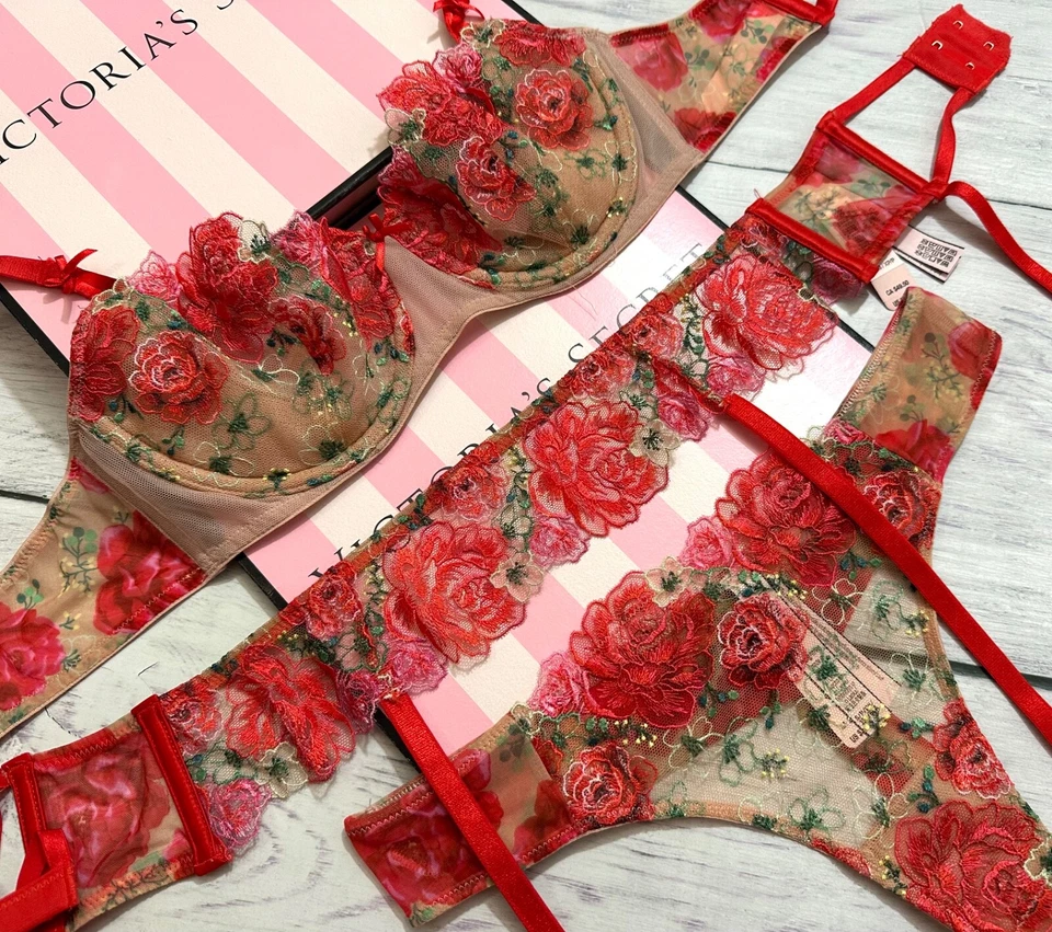 Victoria's Secret Dream Angels Floral Bordado Sin Forro Sujetador Tanga Conjunto Liguero Foto 4 de 4