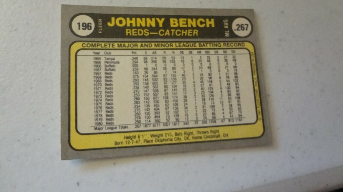 1981 FLEER #196 JOHNNY BENCH BASEBALL CARD | eBay
