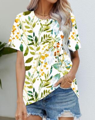 Blusa Camiseta Mujer Amarillo Verde Rojo Flor Moda Manga Corta Suave Sedosa Tee