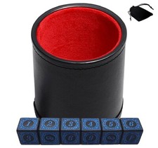  6 16mm Numbers Dice Blue Black w/Pouch  PU Leather Red Felt Lined Dice Cup