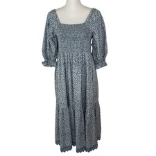 Madewell Lucie Smocked Midi Dress Sz L Floral Elbow Sleeve Tiered Blue