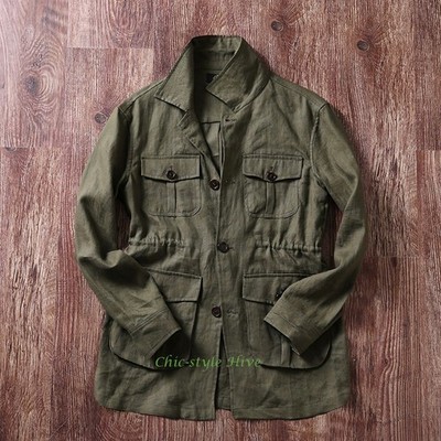Men 100% Linen Coat Safari Jacket Multi Pockets Hunting Coat Casual Outdoor Tops
