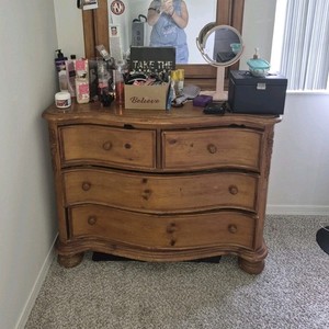 Brown Wooden Dresser with Mirror, 4 Drawers, Medium Wood, Bedroom Furniture