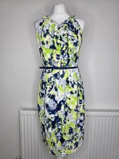 Size 12 Coast Green and Blue Abstract Print Sleeveless Belted Midi Dress