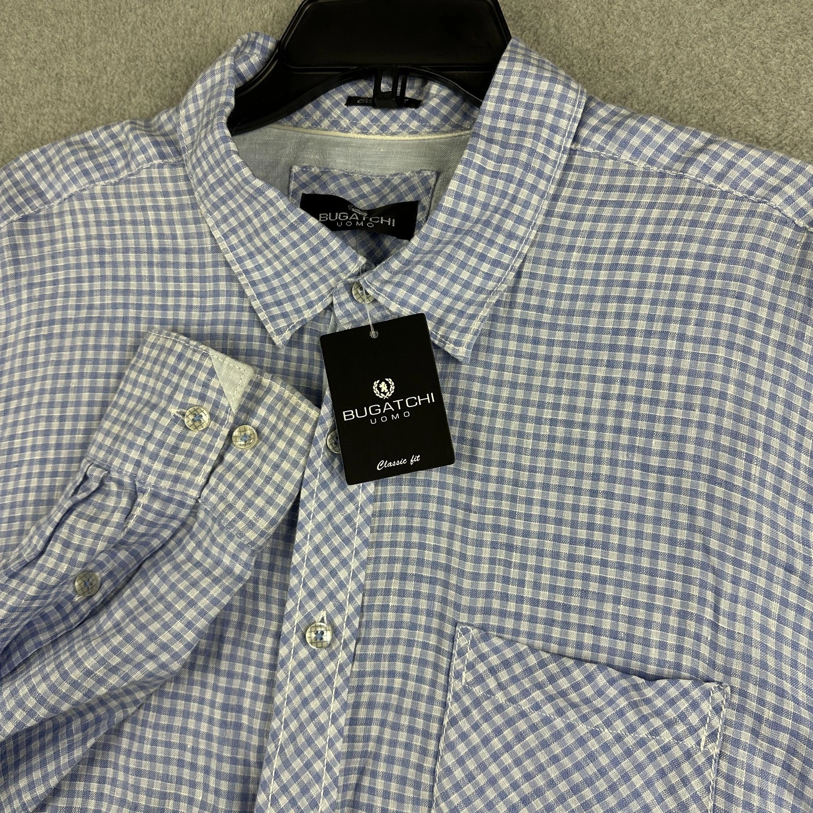 Bugatchi Shirt Mens 2XL Blue Check Linen Classic Fit Long Sleeve Button Up NWT