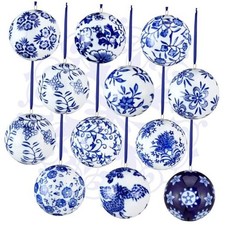 12 Pcs Chinoiserie Porcelain Ornaments for Christmas Tree White and Blue