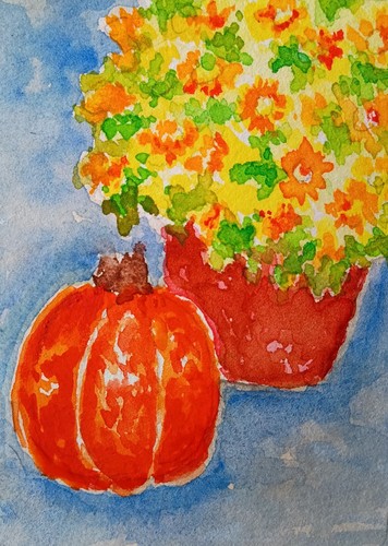 aceo original art Watercolor Painting Of Autumn Mums And Pumpkin