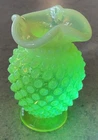 FENTON :: Vtg STUDIO ART GLASS 4” HOBNAIL Crimped VASE Opalescent VASELINE OHIO