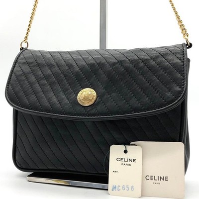 Rare Excellent CELINE Chain Shoulder Bag Triomphe Quilting Black