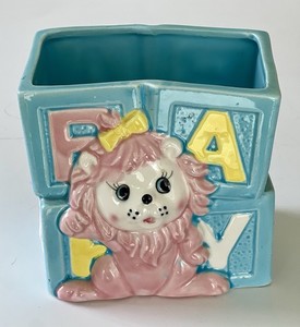 Vintage Pink Baby Lion Nursery Planter Vase Nancy Pew Giftwares Co Japan