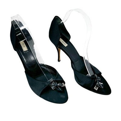 Prada Vintage Black Satin Peep Toe D Orsay Pumps with Buckle Detail EU 40 US 10