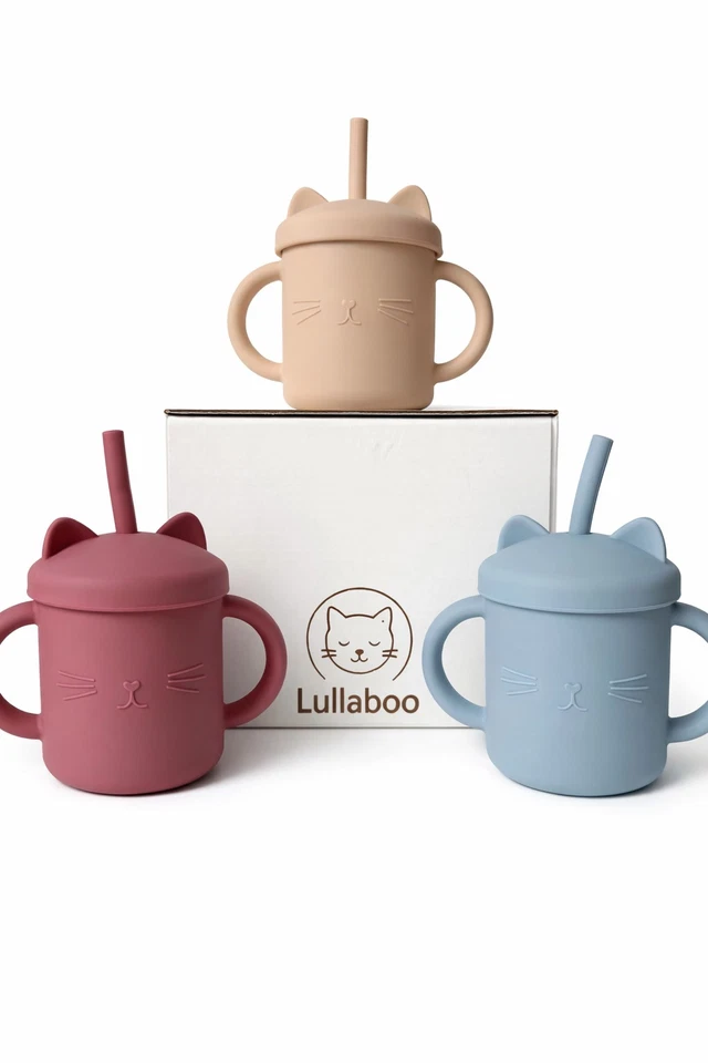 Lullaboo 3er Farbe Set Trinkbecher Silikon mit Strohhalm BPA-frei Baby Becher - Bild 4 von 4