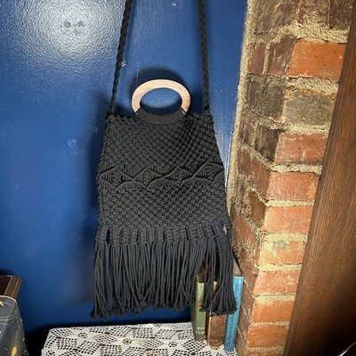Danielle Nicole Macrame Fringe Tassel Wooden Handle Crossbody Bag in Black