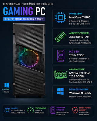 Ultra i7 Gaming PC Computer i7 8700 - RTX 3060 12GB - Win11 -32GB DDR4 - 1TB SSD