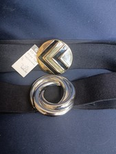 Vintage Belts Women's Elastic Black 1980s 2 Belts 1 Silver Tone 1 Gold Tone Buck