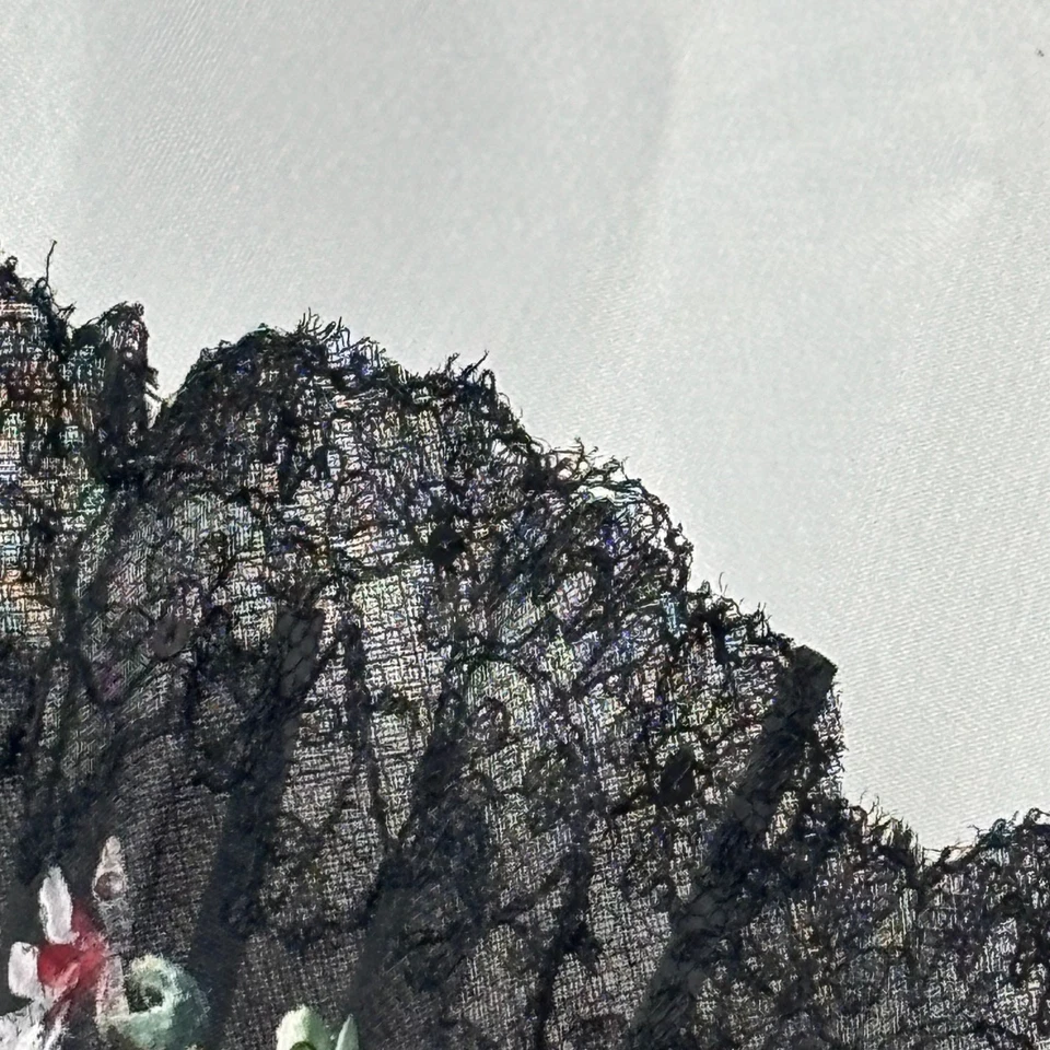 Antique Black Organdy Folding Fan Hand Painted Lace Edge Scalloped Balloon Shape - Image 4 of 4