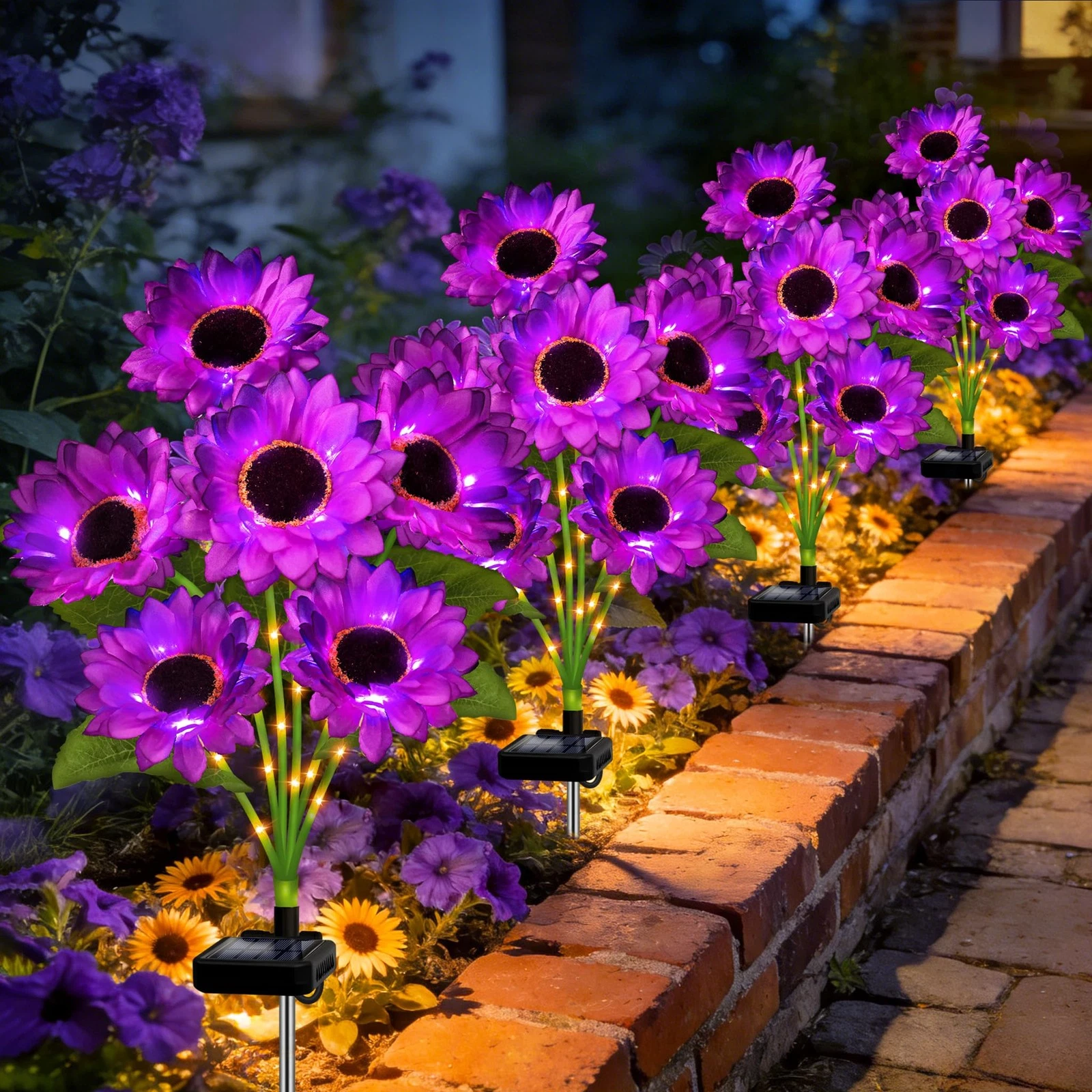 Solar Sunflower Lights Outdoor Garden Decor, 4 Pack Solar Purple Flowers Ligh...