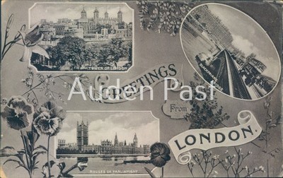 Vintage London Multi-View Postkarte Tower Bridge Parlament Blackfriars Bridge