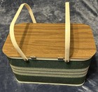 Vintage Green Stripe Picnic Basket, Wood Lid, White Metal Handles — photo 2