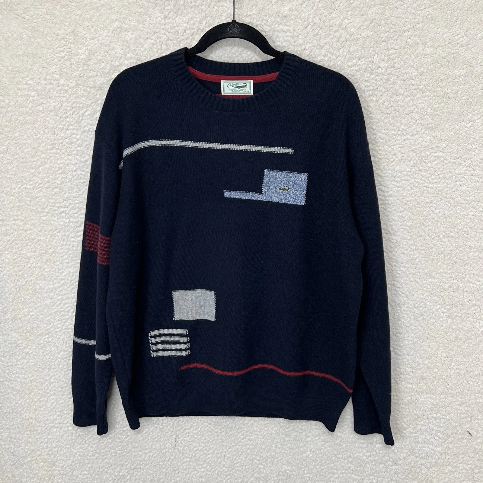 Crocodile Wool Blend Sweater Men’s 3L Navy Blue Cottage Grandpa Dad Patchwork