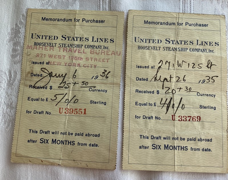 STEAMSHIP CURRENCY EXCHANGE RECEIPTS - TWO 1935 ROOSEVELT STEAMSHIP COMPANY