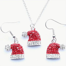 3Pc Festive Christmas Hat Jewelry Set Vibrant Red Necklace  Earrings Women Gift