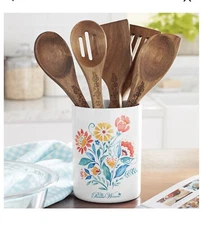 The Pioneer Woman 6-Pieces Utensil Crock with Wood Tools, (Mazie Design)