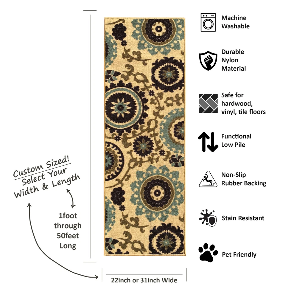 Alfombra Corredor Pasillo Escalera Tamaño Personalizado Espalda de Goma Antideslizante Beige Floral Medallón Foto 4 de 4