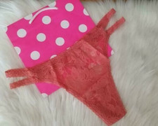 VICTORIA'S SECRET PINK MEDIUM STRAPPY LACE THONG PANTY CORAL ROSE NWT