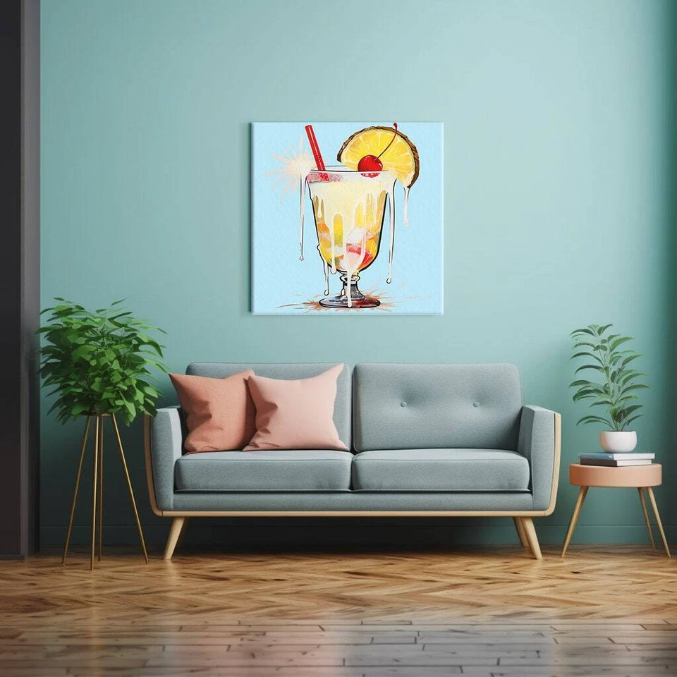 Bebida alcohólica vidrio de piña colada cóctel acuarela estampado en lona, cocina Foto 4 de 4