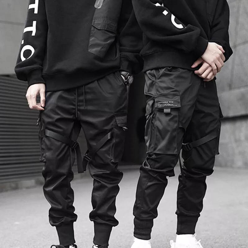 Mens Black Cargo Trousers Casual Hip Hop Harem Pencil Pants Long Sweatpants