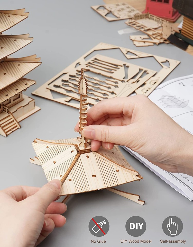 Rolife DIY 3D Wooden Puzzle Five-storied Pagoda DIY Model Building Kit ...