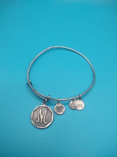 Alex And Ani Initial M Charm Rafaelian Silver Finish Bangle Bracelet 2015 Signed