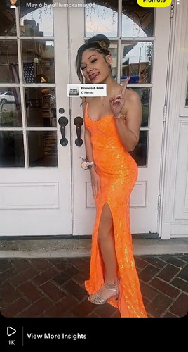 Women’s Orange Sequin Maxi Dress Size M Spaghetti Strap Lace-Up Back Side Slit