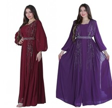 Dubai Muslim Women's Long Evening Gown Hot Dirll Elegant With Belt Maxi Dress