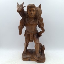 Native American & Dog Wooden Carved Tribal Warrior with Deer 47cm x 20cm
