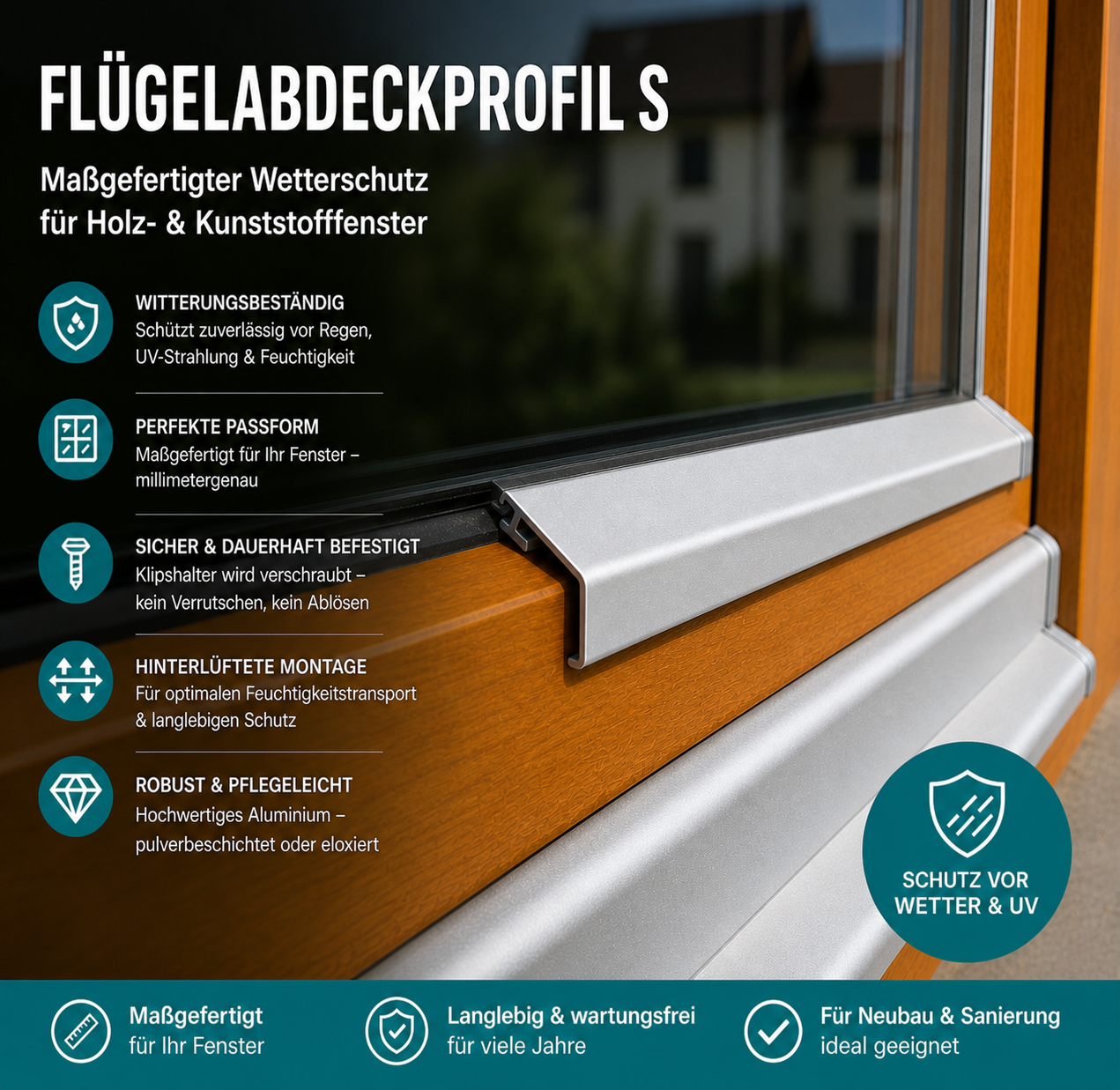 Flügelabdeckprofil S mit Dichtung am Holzfenster, dargestellt mit vier Farbvarianten