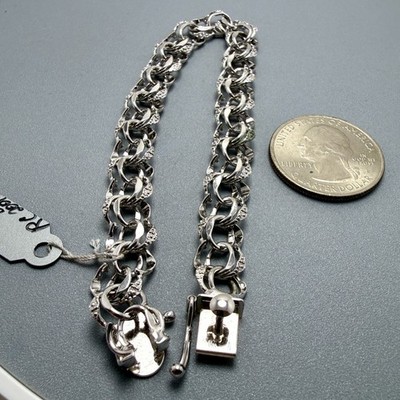Classic Double Link 8'' Elco Charm Bracelet Sterling Silver 9mm Wide 10 grams